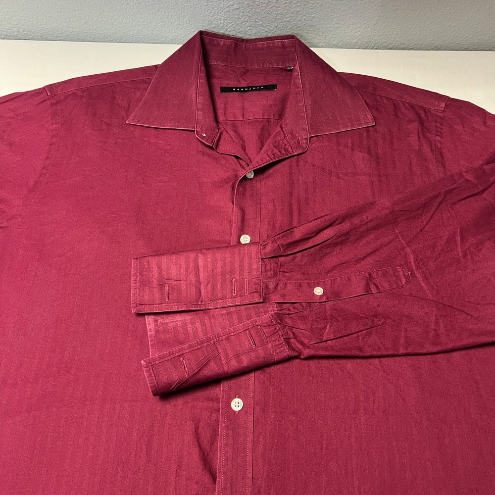 Sean John Mens Button Down Shirt Long Sleeve‎ Herringbone Burgundy Dress Shirt